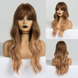 Long Water Wavy Synthetic Wigs with Bangs Ombre Dark Brown Cosplay Hair Wig for Women African Heat Resistant Fiber Wig