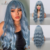 Xpoko EASIHAIR Ombre Gray Ash Wavy Wigs With Bang Light Blonde Platinum Synthetic Long Hair For Women Daily Party Heat Resistant Fiber