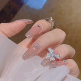 Xpoko 24pcs Rhinestone Design Fake Nails Shiny Bridal Women Lady party nail DIy Decorations Press On nail Tips False Nail Patch