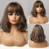 Back to School Short Wavy Bobo Synthetic Wig With Bangs Brown Honey Golden Cosplay Wig With Highlight For  Women Girls Lolita Cute