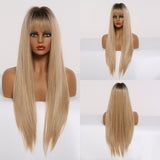 Ombre Brown Blonde Golden Synthetic Wig with Bangs Natural Long Straight Cosplay Wigs for Women High Temperature Fake Hair