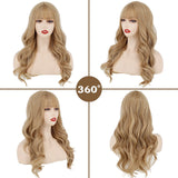 Xpoko Wig Blonde With Bangs Long Wavy Ombre Curtain Bang Wigs For White Women Light Blond Dark Roots Heat Resistant Hair Nat