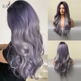 Xpoko EASIHAIR Ombre Brown Mixed Purple Blonde Long Synthetic Wave Wigs For Women Heat Resistant Colorful Fiber Cosplay Lolita Wigs