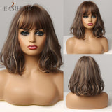 Xpoko EASIHAIR Shoulder Length Synthetic Wave Wig With Bang Dark Brown Wavy Curly Hair Wigs For Women Heat Resistant Daily Cosplay