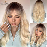 Xpoko EASIHAIR Long Bobo Brown Wigs With Bang Medium Length Curly Wavy Synthetic Wigs For Women Daily Party Heat Resistant Fiber Hairs