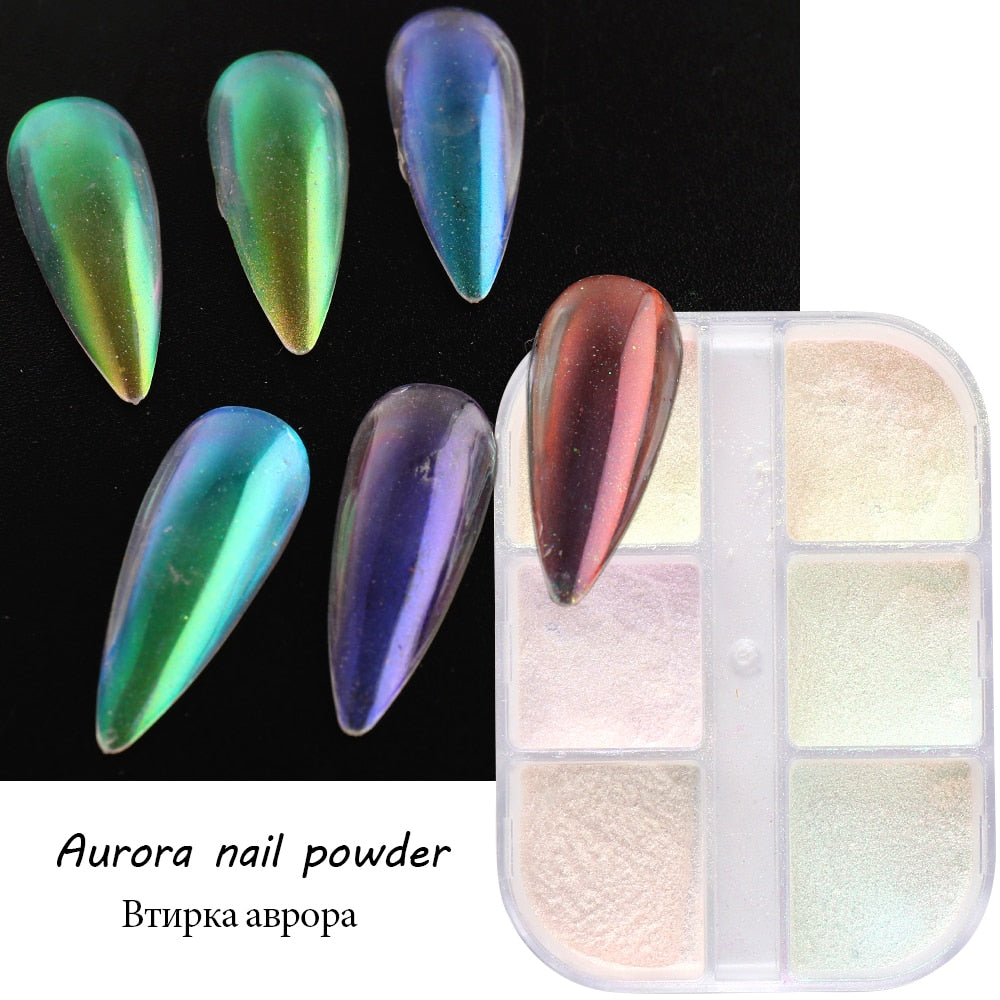 6pc Aurora Nail Powder Pearlescent Pigment Blue Pink Mermaid Nail Glitter Rubbing Dust Mirror Chrome Powder Manicure GL1909-12-1