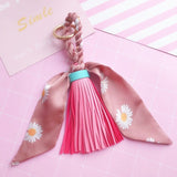 Back to School Leather Tassel Satin Silk Scarves Keychain Bowknot Scarf Pendant Car Purse Bag Keyring Holder Handbag Key Ring Chains Girls