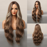 Xpoko Long Wavy Ombre Brown Blonde Highlight Synthetic Wigs For Women Afro Natural Middle Part Cosplay Heat Resistant Hair Wigs