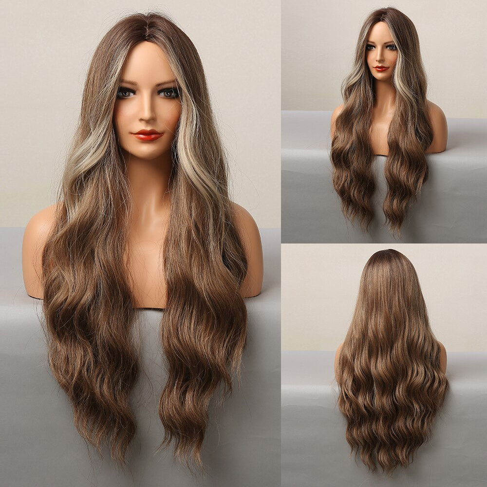 Long Loose Wave Synthetic Wigs Ombre Brown Champagne Blonde Wig For Women Heat Resistant Middle Part Cosplay Fake Hair