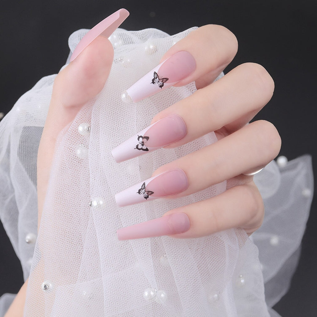 Xpoko 24Pcs Detachable Coffin False Nails Chestnut Brown Leopard Butterfly Full Cover Fake Nails DIY Glue Press On Nails Nail Supplies