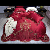 Golden Embroidery Satin Duvet Cover Set Lace Princess White Bedding Solid Color Bedspread Bed Skirt Sheet Pillowcases Luxury