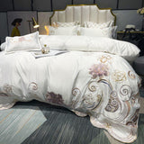 Solid Color Floral Embroidery Bedding Bed Skirt Set Blue Cotton Satin Duvet Cover Bed Sheet Bedspread Pillowcases Home Textile