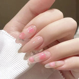 Xpoko 24Pcs/Box Middle Length Ballet Nude Pink Color False Nails With Design With Heart Pattern Artificial Nails With Jelly Glue TY