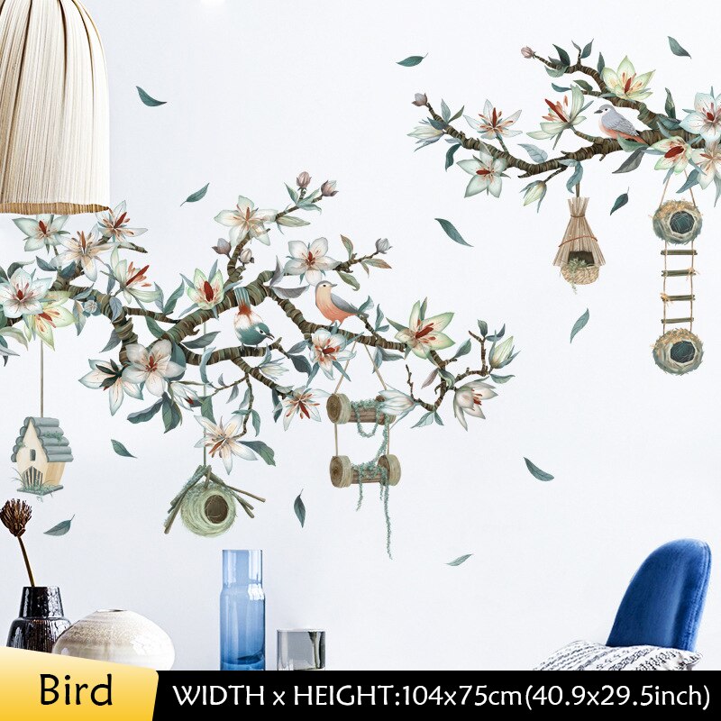 Bird on The Branch Flowers Wall Stickers Living Room Decoration Bedroom Wall Decor Background Wall Decals Self-adhesive Stickers