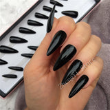 Black Midi Press On Nails Stiletto Artificial Fake Nails With Glue Sticker Halloween Shiny Full Cover Tips Faux Ongle Court