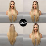 Long Straight Natural Middle Part Wig Ombre Brown Blonde Golden Heat Resistant Synthetic Wigs for Women Cosplay Party Hair