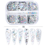 6Grids Black Nail Flakes Sequins Butterfly Hexagon Silk Line Winter Design Nail Art Decoration Paillette Manicure Tips GL1909-28