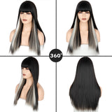 Xpoko Wig Long Straight Long Wig Bangs Mixed Black And White Wig Heat-Resistant Fiber Suitable For Women