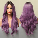 Long Wavy Ombre Brown Purple Synthetic Wigs for Women Heat Resistant Natural Middle Part Cosplay Party Lolita Hair Wigs