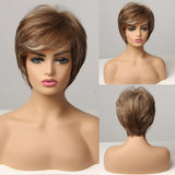 Short Straight Mixed Brown Blonde Synthetic Wigs with Side Bangs for Women Daily Party Bob Hair High Tempearture Fiber