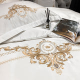 White Satin Cotton Bedding Set Luxury Royal Gold Embroidery Flat/Fitted Sheet Pillowcases Home Textiles Solid Color Bedclothes