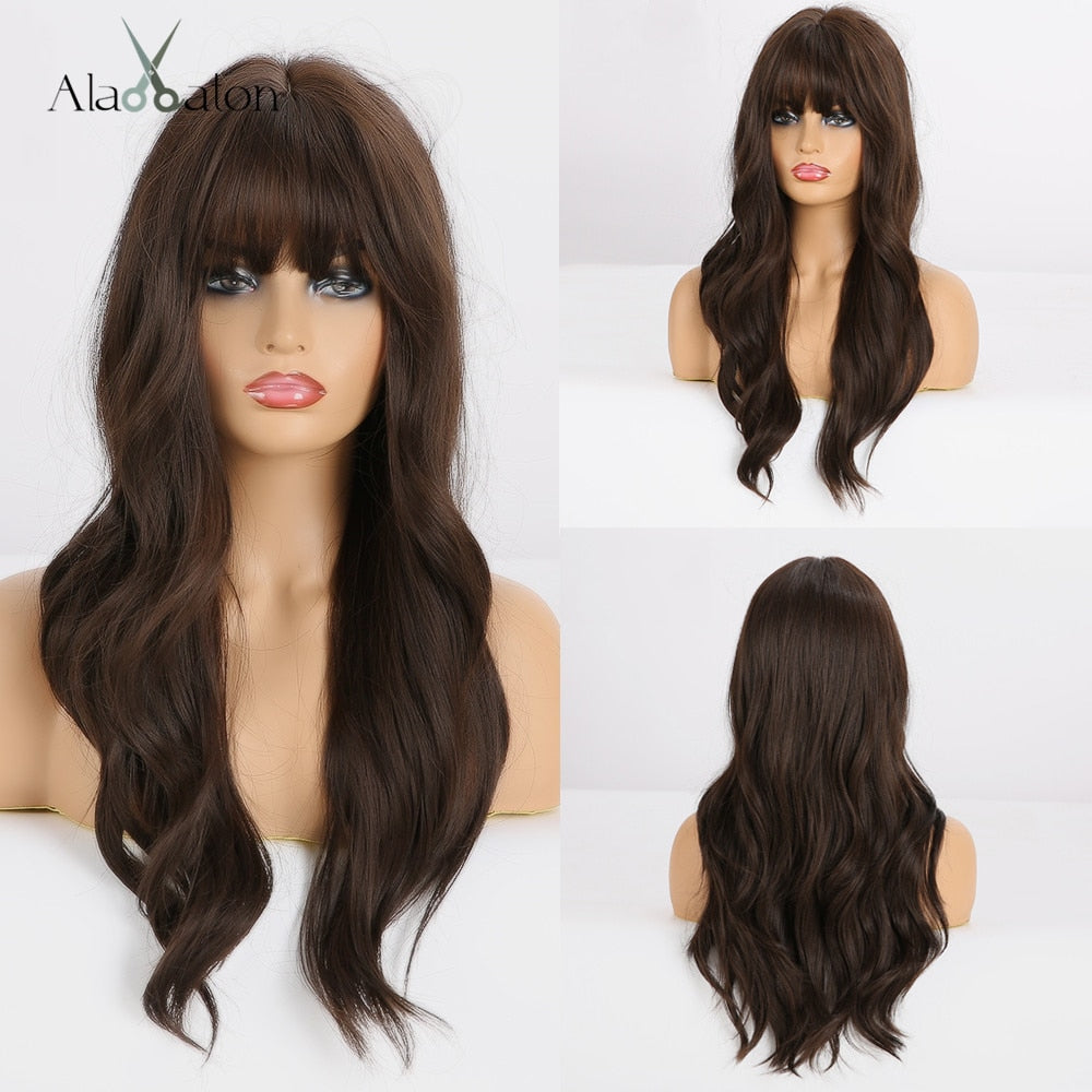 Xpoko Black Brown Golden Highlight Wig Long Wavy Womens Synthetic Wig With Bangs Heat Resistant Cosplay Hair For Women Afro