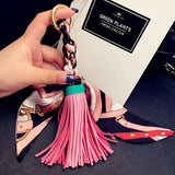 Back to School Leather Tassel Satin Silk Scarves Keychain Bowknot Scarf Pendant Car Purse Bag Keyring Holder Handbag Key Ring Chains Girls
