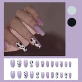 24pcs False Nails Ballet Purple Leopard Print Mid-length Coffin Paragraph Press on Long Ballerina Women Manicure Patch Wearable