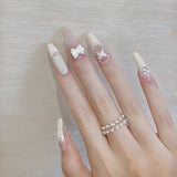 24Pcs Long Coffin Sweet Fake Nail Pink Flower with Gold Bead Nail Art New Full Cover False Nails Butterfly Decal Nail Tips