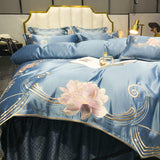 Solid Color Floral Embroidery Bedding Bed Skirt Set Blue Cotton Satin Duvet Cover Bed Sheet Bedspread Pillowcases Home Textile