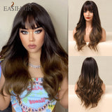 Xpoko EASIHAIR Ombre Gray Ash Wavy Wigs With Bang Light Blonde Platinum Synthetic Long Hair For Women Daily Party Heat Resistant Fiber