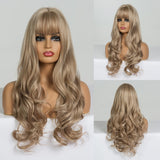 Long Water Wavy Synthetic Wigs with Bangs Ombre Dark Brown Cosplay Hair Wig for Women African Heat Resistant Fiber Wig