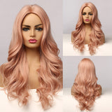 Long Wavy Synthetic Wig Light Pink Women Girls Wig Afro Natural Middle Part Cosplay Party Lolita Hair Heat Resistant Fiber