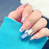 24pcs Blue Waves Printed False Nail Patch Glue Type Removable Long Paragraph Fashion Manicure Coffin Fake Nail Ballerina Art