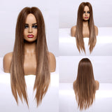 Long Straight Synthetic Wigs Ombre Brown Gray Wig with Bangs for Women Cosplay Lolita Daily Party Heat Resistant Fiber