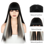 Xpoko Wig Long Straight Long Wig Bangs Mixed Black And White Wig Heat-Resistant Fiber Suitable For Women