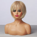 Short Straight Mixed Brown Blonde Synthetic Wigs with Side Bangs for Women Daily Party Bob Hair High Tempearture Fiber