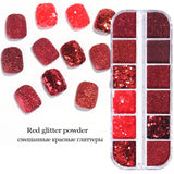 12Grids Sugar Nail Powder Red Sand Coating Shiny Dipping Glitter Powder Mixed Hexagon Sequins Design Manicure Flakes Dust GLRD05