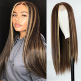 Xpoko Wig Brown Mixed Blonde Long Straight Wig Middle Part Straight Wig With Highlights For Women Wig