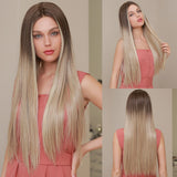 Ombre Brown Golden Blonde Synthetic Lace Front Wig For Black Women Middle Part Long Silky Straight Lace Wig Heat Resistant