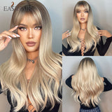 Xpoko EASIHAIR Ombre Gray Ash Wavy Wigs With Bang Light Blonde Platinum Synthetic Long Hair For Women Daily Party Heat Resistant Fiber