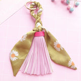 Back to School Leather Tassel Satin Silk Scarves Keychain Bowknot Scarf Pendant Car Purse Bag Keyring Holder Handbag Key Ring Chains Girls