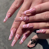24pcs Line French Pattern Fake Nails Wave Streak Beach Full cover Long Coffin Fake Nails with Glue Flame DIY Manicure Nail Art