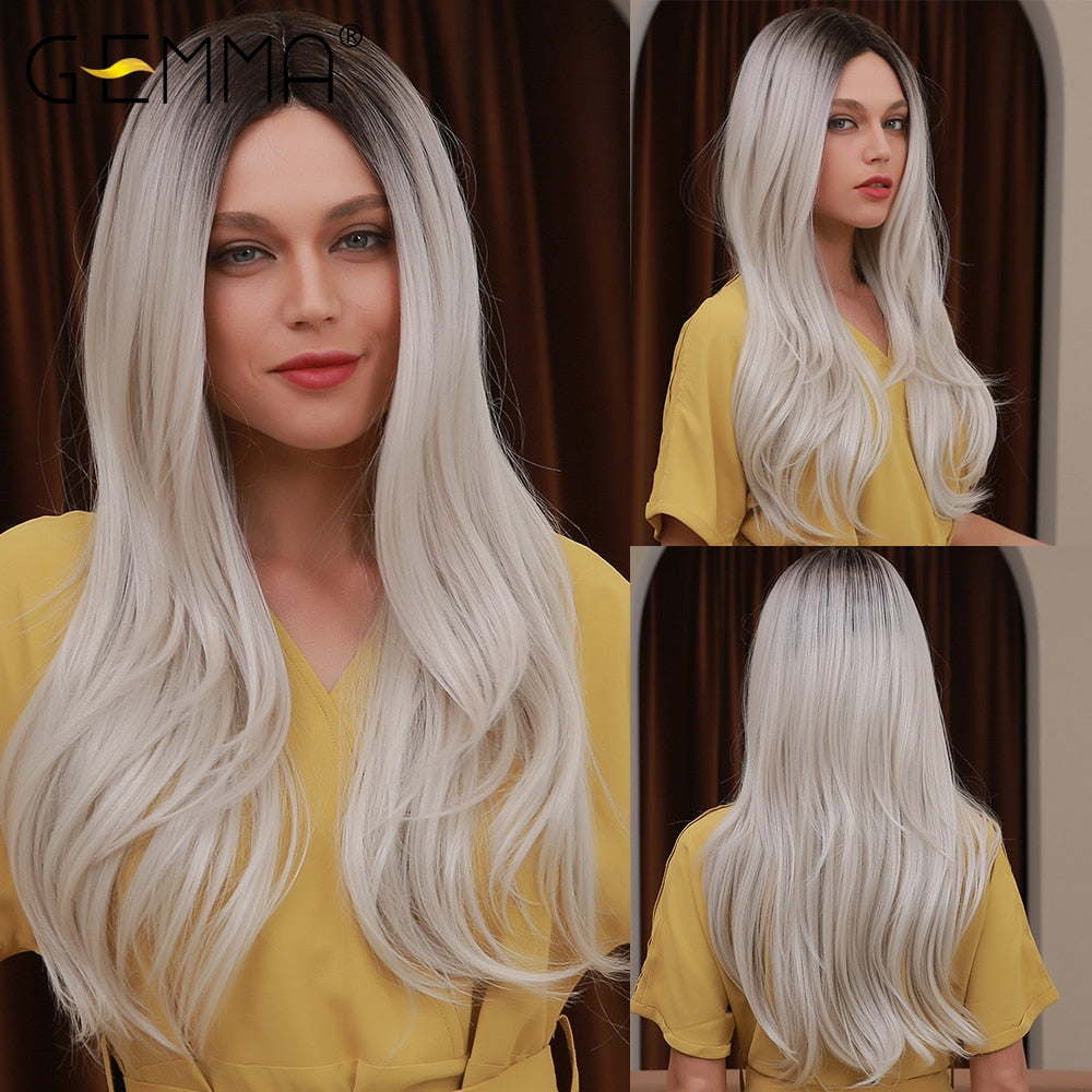 Ombre Brown Blonde Long Wavy Lace Synthetic Wigs For Women Natural Middle Part Cosplay Daily Lace Front Wigs Lolita Hair