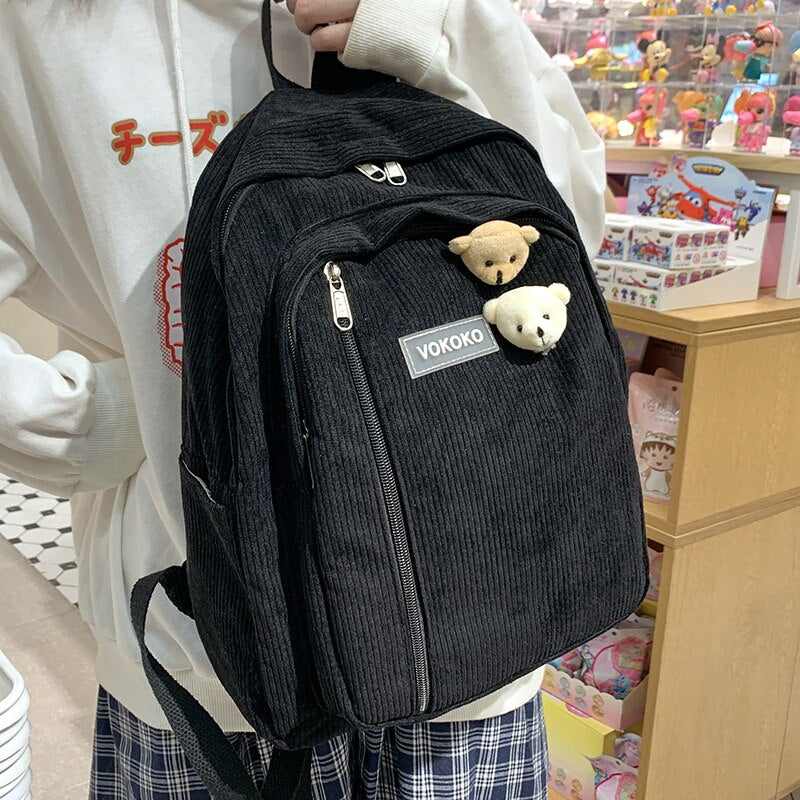 Kawaii Women Mochila Fashion Female Corduroy Travel Backpack for Teenager Girl School Bag Simple Cute Black Rucksack