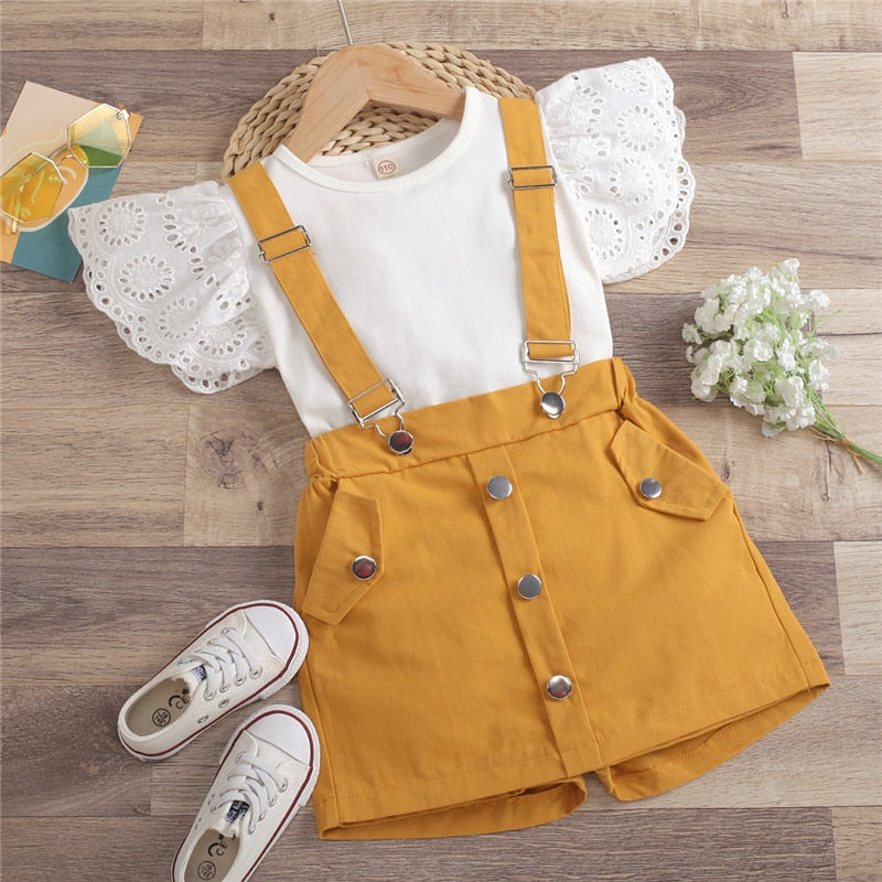 Summer Girl Clothes Set Hollow Flying Sleeve O-neck Top + Suspender Shorts 2Pcs Casual Kids Set For 1-6 Year Old Girls
