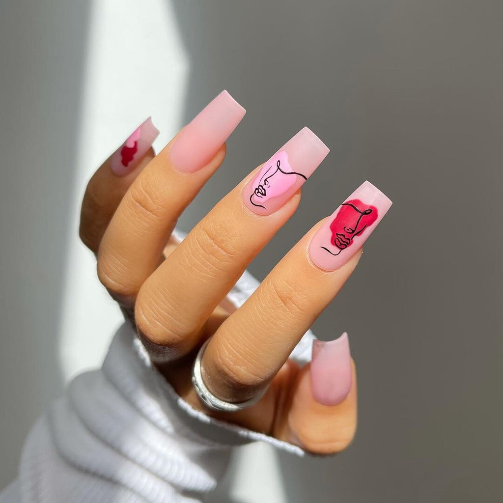 24Pc Extra Long Coffin False Nails Abstract Red French Ballerina Fake Nails Cloud Wave Line Full Cover Nail Tip Drop Shipping