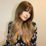 Long Water Wavy Synthetic Wigs Omber Chocolate Brown Blonde Cosplay Wig with Bangs for Women Heat Resistant Fiber Hair