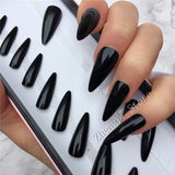 Black Midi Press On Nails Stiletto Artificial Fake Nails With Glue Sticker Halloween Shiny Full Cover Tips Faux Ongle Court