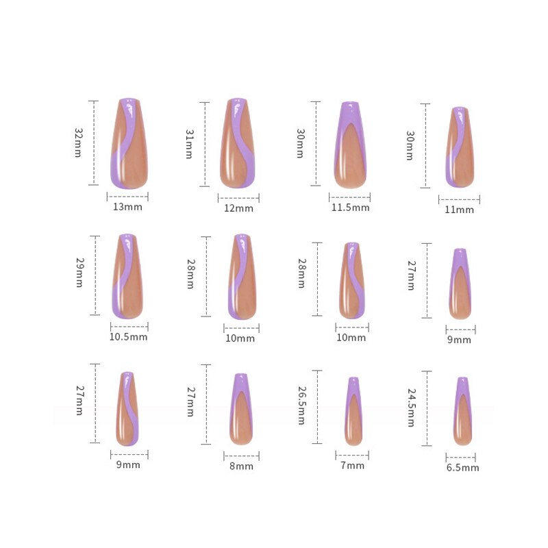 Purple Swirl French Long Coffin Press on Nails Pressonail Fake Fingernails W038